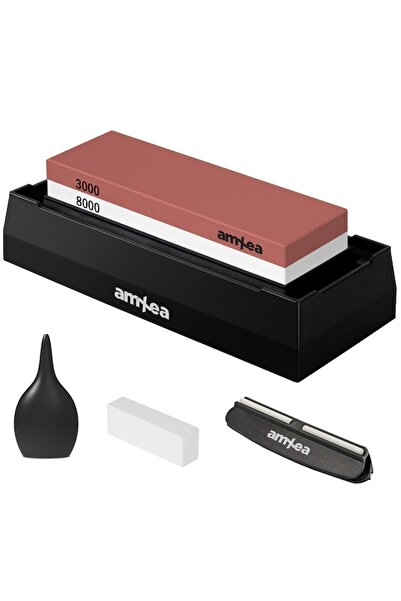amXea Knife Sharpening Stone 3000/8000, 2-grit, non-slip plastic box base, angle guide, water pump,