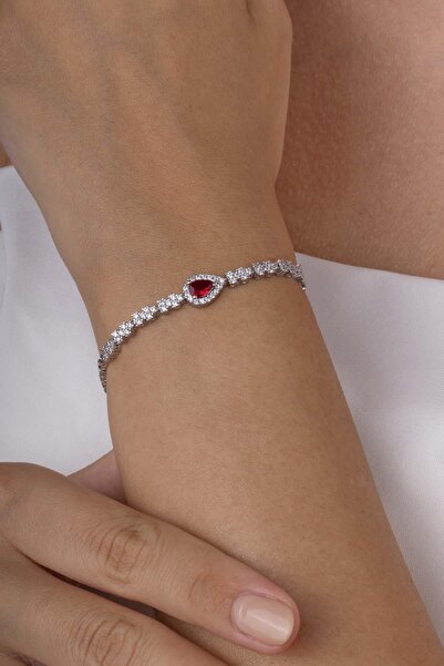 Gümüş Pazarım Yakut Taşlı Damla Motifli Rodyum Kaplama Gümüş Bileklik