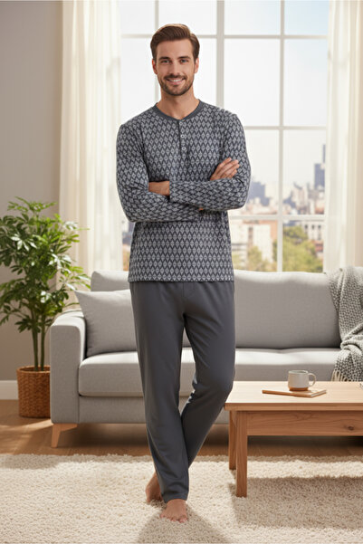 Bravie Σετ πιτζάμες ανδρικής χτενισμένης βαμβακερής ύφασμα 100% βαμβάκι με κουμπιά στο λαιμό 9702 καπνιστό