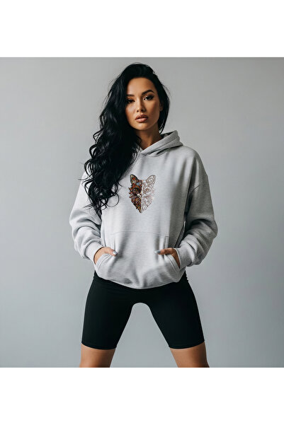 Bheka Concept Women's Black Oversized Hooded Sweatshirt – Colorful Cat Pattern