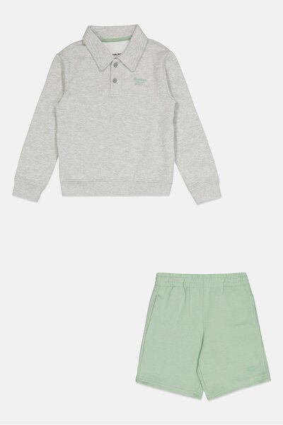 Reebok Kids Boy 2 Pieces Brand Logo Long Sleeve Polo Shirt and Shorts Set, Grey/Sage Green