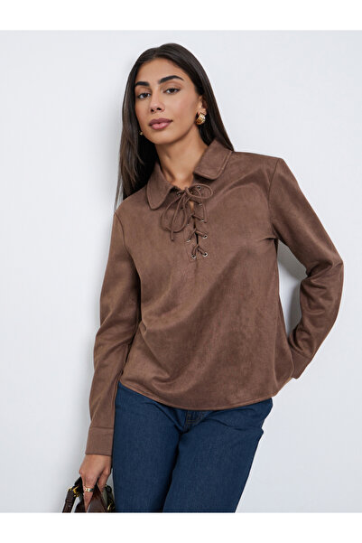 Styli Brown Lace-Up Suede Look Shirt
