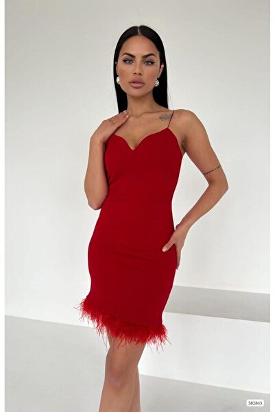 Modafeminen Cemre Rope Strap Feather Mini Dress 582843 Red