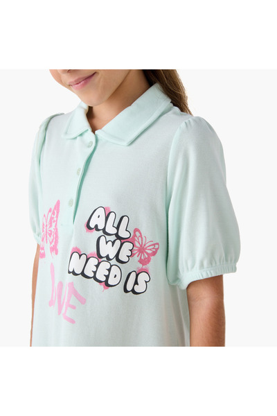 Juniors Printed Polo T-shirt Dress with Short Sleeves