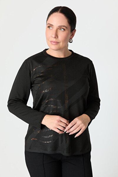 accort Büyük Beden Baskı Detaylı Triko Kazak-SİYAH