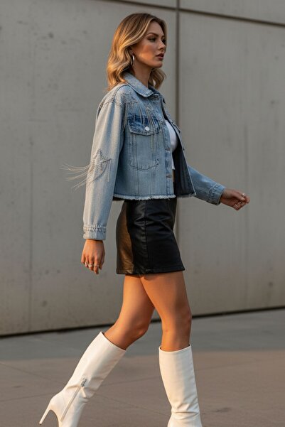 Kübra Tekstil Γυναικείο τζιν μπουφάν με κοντό τζιν μπλε με κουμπιά με αστέρι και φούντες/αλυσίδες – Κομψό γυναικείο τζιν