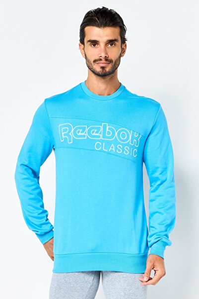 Reebok سويت شيرت رجالي رياضي مناسب للخارجية بشعار مطرز، أزرق