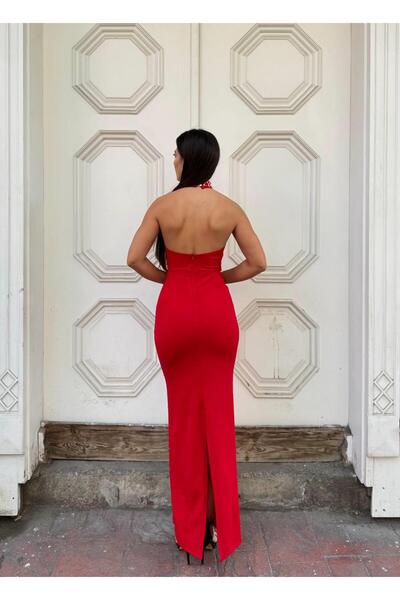 Modafeminen Crepe stretch fabric long sleeve turtleneck evening dress with stone and pearl detail 583330 red