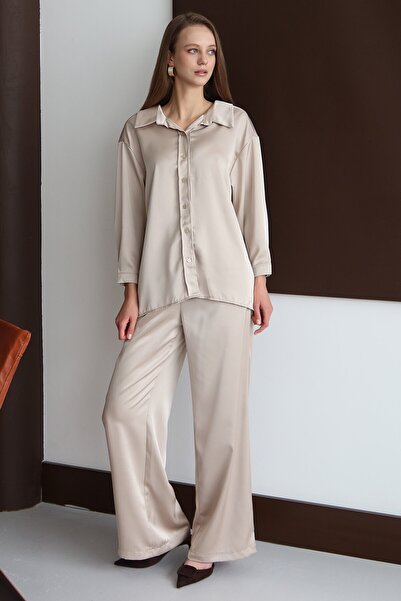 VAGGON Women's Stone Buttoned Oversized Satin Shirt Vs01428