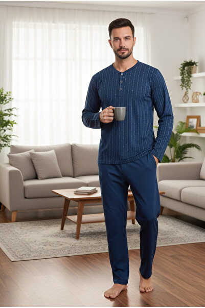 Bravie Σετ πιτζάμες από 100% βαμβακερό χτενισμένο βαμβάκι για άντρες με κουμπιά στο λαιμό 9711 Navy Blue
