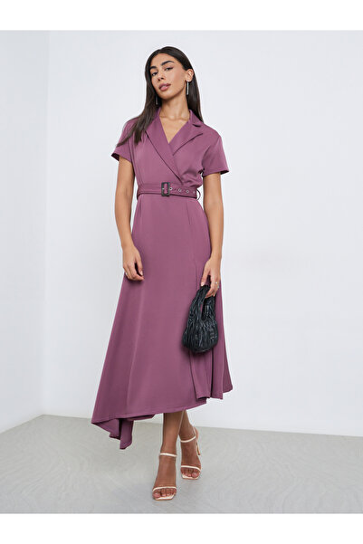 Styli Purple Notch Lapel Midi Dress with Belt