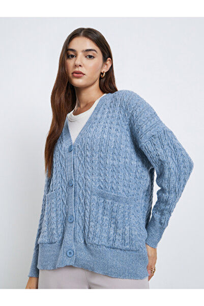 Styli Medium Blue Oversized Cable Knit Cardigan