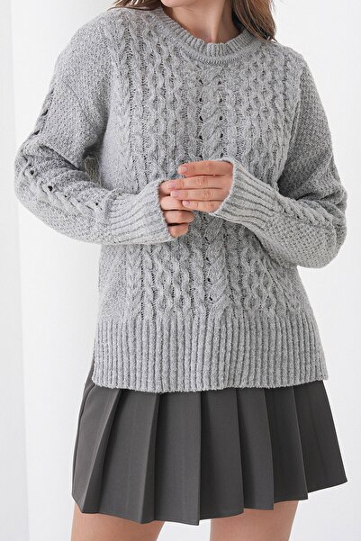 VAGGON Thick Knitted Patterned Crew Neck Sweater