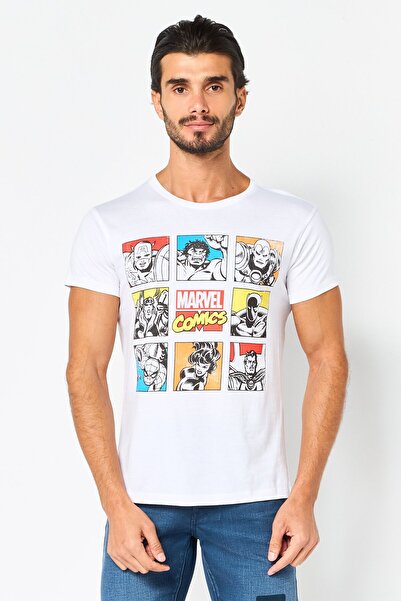 DIFUZED x Marvel Men Crew Neck Short Sleeve Graphic Print T-Shirt, Off White
