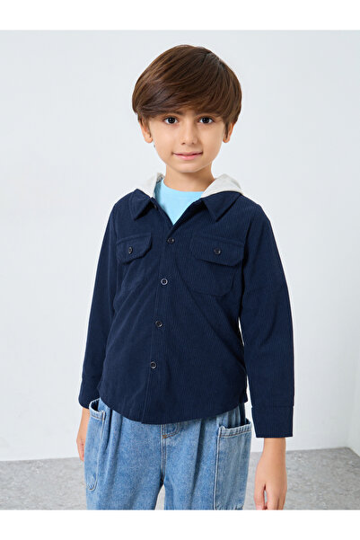 Styli Boys Navy Blue Corduroy Hooded Shacket