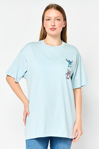 Disney تي شيرت نسائي مطبوع عليه غرزة بأكمام قصيرة ورقبة دائرية، أزرق فاتح