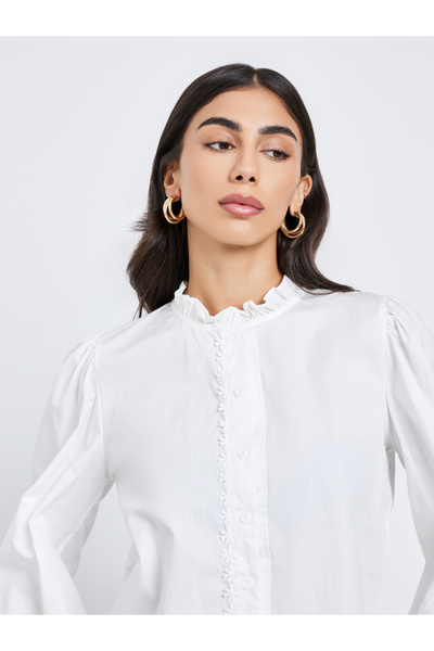 Styli Women White Ruffle Trim Long Sleeve Shirt