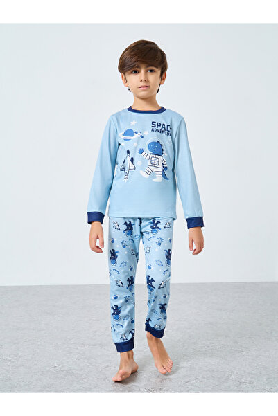 Styli Blue Space Printed Long Sleeve T-Shirt and Pyjama Set