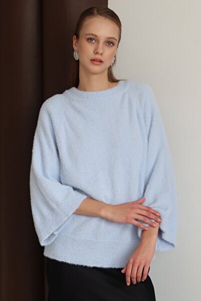 VAGGON Women's Bebe Blue Crew Neck Wide Sleeve Soft Sweater Vs01432