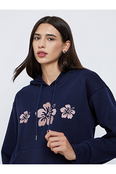 Styli Navy Blue Oversized Floral Embroidered Hoodie