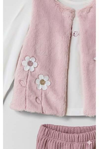 Baby Rose Plush Vest Set Flowers Embroidered Triple Set (Ages 1-2-3-4)