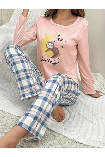 Take Two By Styli Graphic Print Long Sleeve T-Shirt and Checked Pyjama Set