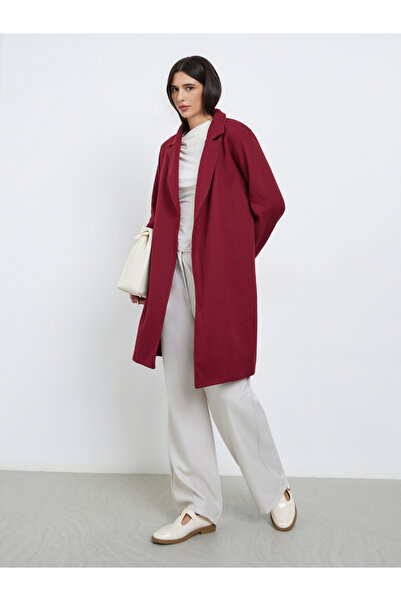 Styli Burgundy Regular Fit Wool Like Belted Coat