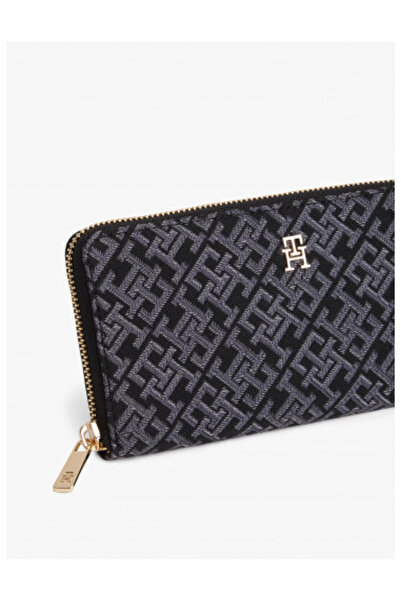 Tommy Hilfiger Women's Th Monogram Logo Patterned Zippered Interior Compartment Black Wallet Aw0Aw17956-Bds