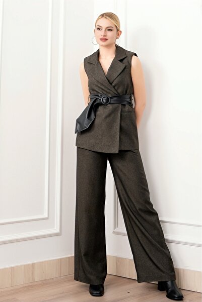 MissVina طقم سترة بحزام جلدي وبنطلون بجيوب 1282