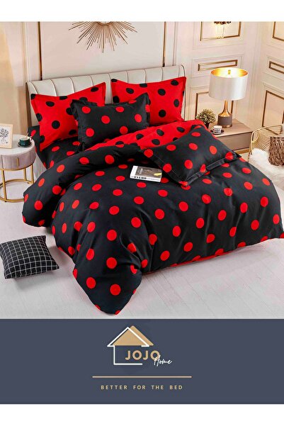 JOJO HOME Bed linen set, fine cotton, with elastic, 6 pieces, 180x200cm, Red / Black Polka Dots