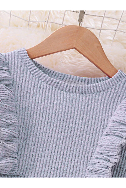 Take Two By Styli Girls Grey Flounce Hem Knit Top and Leggings Set