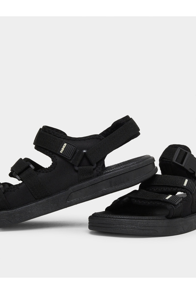 Styli Men Black Adjustable Strap Casual Sandals