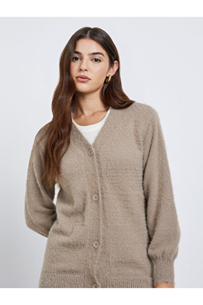 Styli Beige Regular Fit Fuzzy Yarn Cardigan