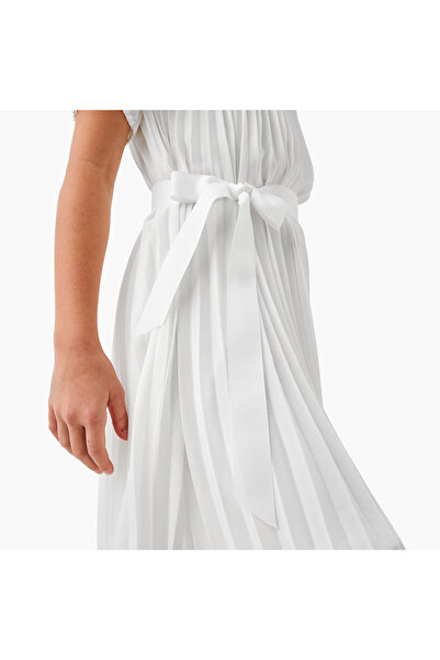 Juniors Pleated A-Line Dress with Tie-Up Belt and Short Sleeves