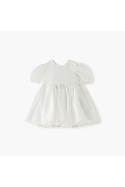 Juniors Textured Dress with Round Neck and Puff Sleeves