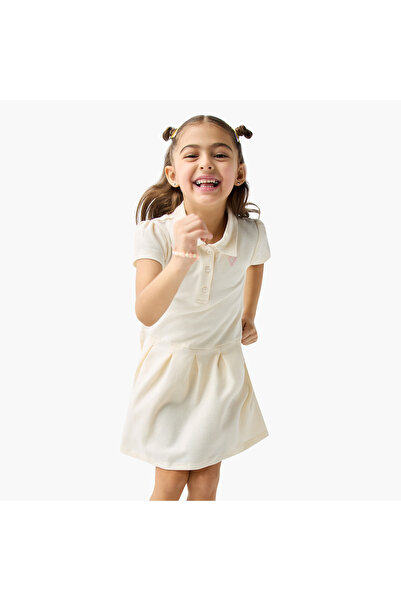 Juniors Solid Polo T-shirt Dress with Short Sleeves and Heart Embroidered Detail