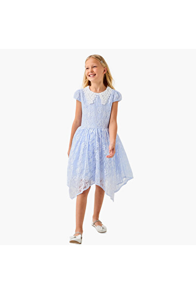 Juniors Lace Detail Asymmetric Dress with Cap Sleeves