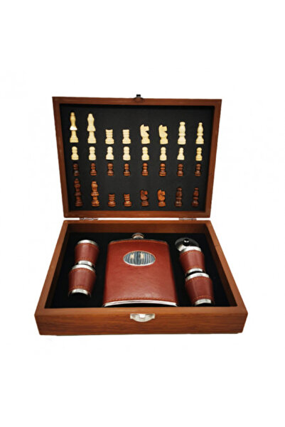 velve GivesDrink's men's gift set - box with chess pieces, hip flask and 4 -leather glasses, brown