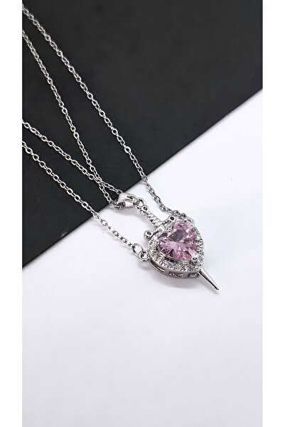 Serenity Pink Heart Sword Couple Steel Necklace