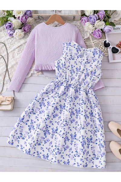Take Two By Styli Teens Purple Floral Dress and Bolero Set