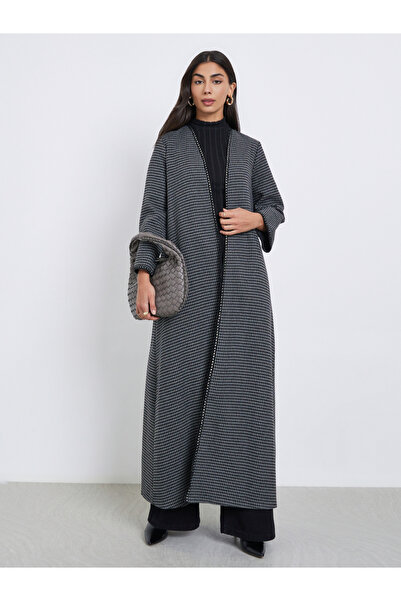Styli Charcoal Brushed Houndstooth Front Open Abaya