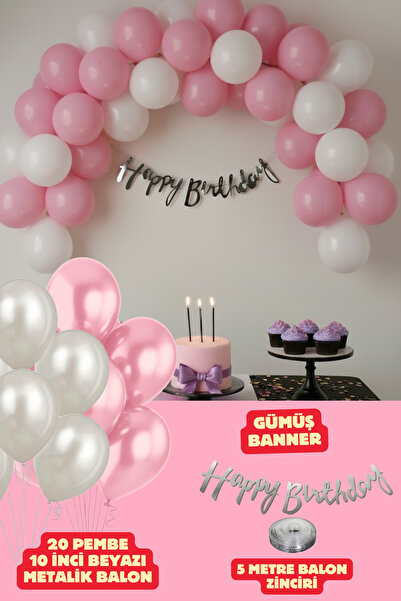Baloncu Nene Silver Happy Birthday Banner Balloon Set Pink White Balloon Birthday Party Decorations