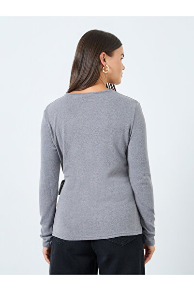 Styli Grey Plain Long Sleeve Knitted Wrap Top
