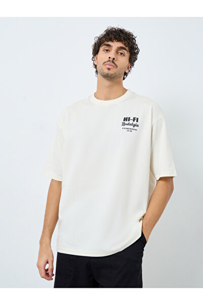 Styli Men Cream Front and Back Print Oversized T-Shirt