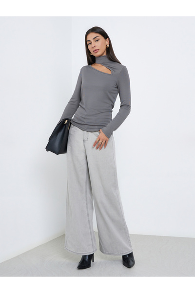 Styli Charcoal Knit Top with Cut-Out Detail