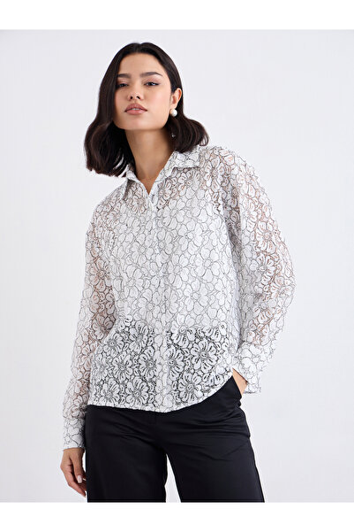 Styli Off White Lace Shirt with Button Placket