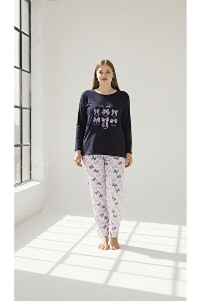 new ats Plus Size Women's Cotton Pajama Set Navy Blue Lilac