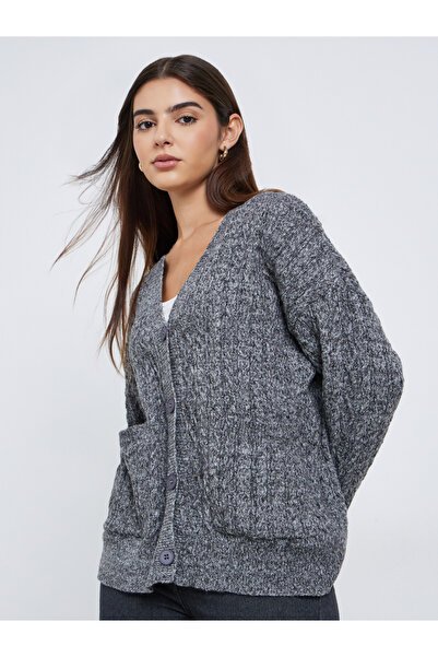 Styli Charcoal Oversized Cable Knit Cardigan