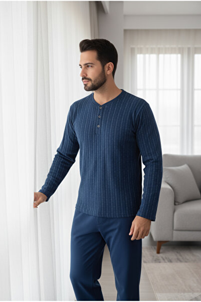 Bravie 100% Cotton Men's Combed Cotton Pajama Set with Buttoned Collar 9711 Navy Blue