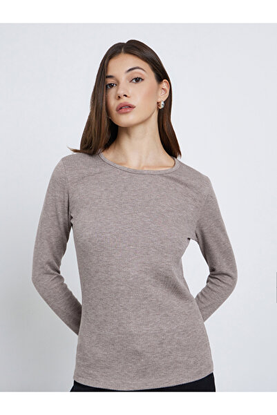 Styli Beige Flat Knit Top with Long Sleeves